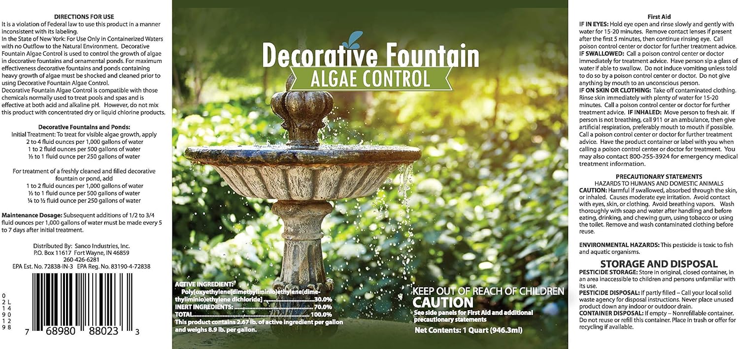 Fountain Algaecide and Clarifier, Formulated for Small Ponds, Water Features, 32oz : Garden & Outdoor