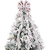 LIZLOVESS Red and White Christmas Tree Toppers - Large Bows with Streamer and Snowman Candy Cane Patterns for Xmas Tree Wreaths Door Staircase Home Decor