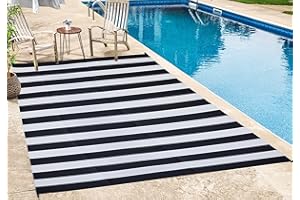 FH Home Outdoor Rug - Waterproof, Fade Resistant, Reversible - Premium Recycled Plastic - Striped - Patio, Deck, Porch, Balcony, Laundry Room - Brittany Stripe - Black & White Crease Free - 4 x 6 ft