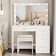 Irontar Makeup Vanity Table with Large Mirror, Vanity Desk with Stool and 11 LED Lights, Makeup Table with 4 Large Drawers, Dressing Table Set with Bench for Women, White WDT002WD