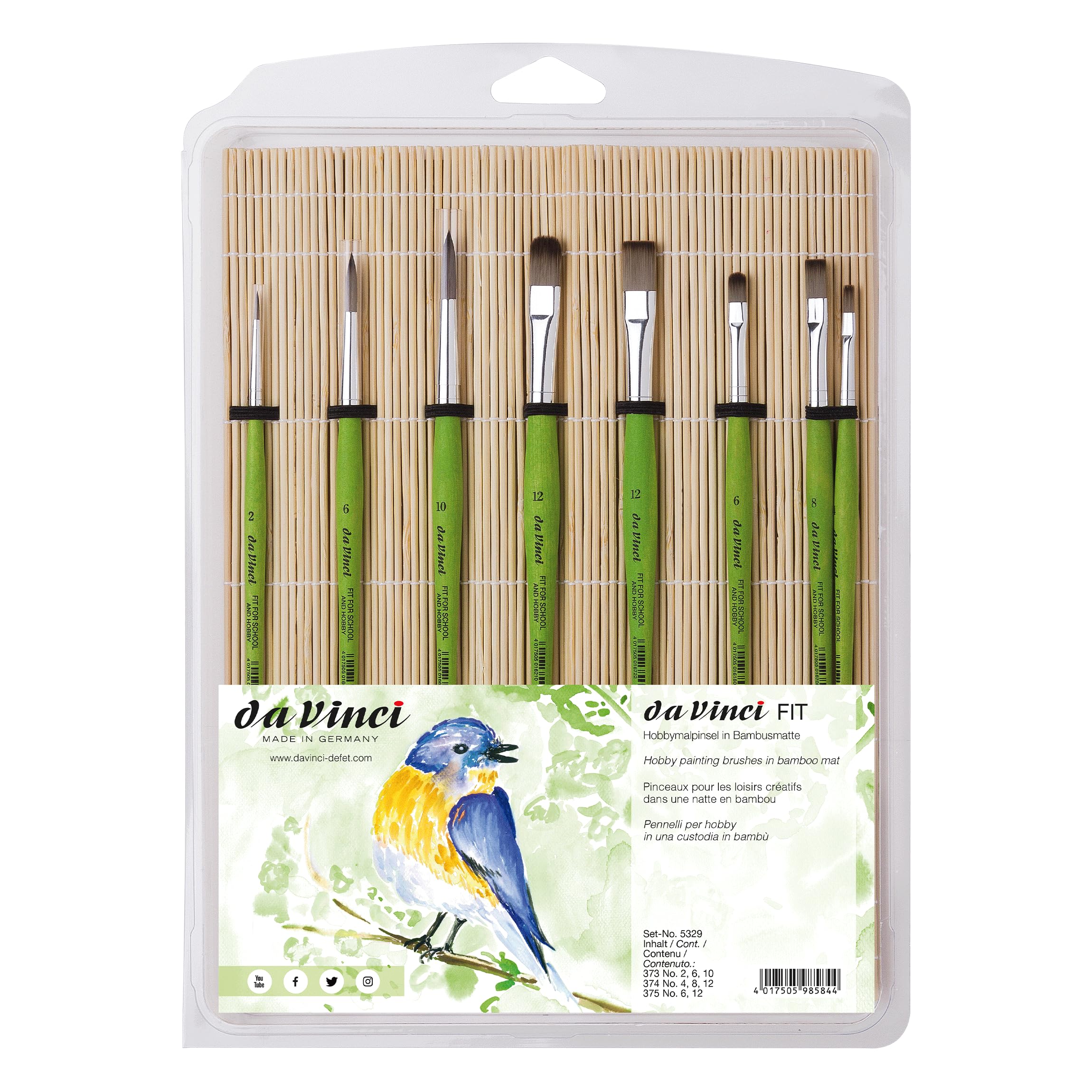 da Vinci, FIT SYNTHETICS Hobby and School Paintbrushes in Bamboo Mat, Brush Set, Universal Brushes, Hobby, School, Made in Germany, Sizes 2, 6, 10, 4, 8, 12, 0