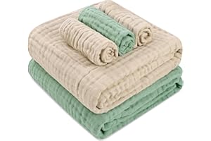 HardNok Muslin Baby Bath Set - 2 Large Gauze Towels & 3 Washcloths, 6-Layer 100% Muslin Cotton for Sensitive Skin. Multi-Use as Towel & Blanket. Perfect for Baby Showers & New Moms (Warm Series)