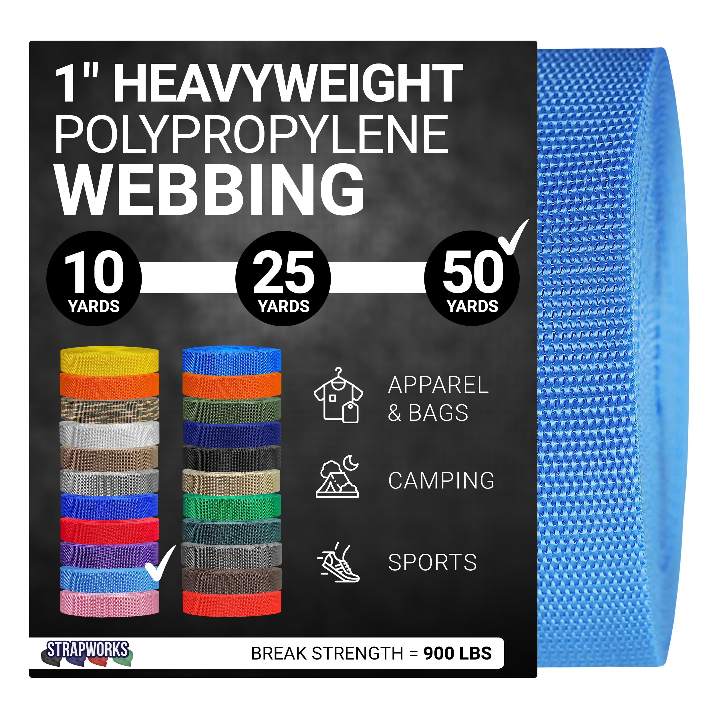 Strapworks Heavyweight Polypropylene Webbing - Heavy Duty Poly Strapping for Outdoor DIY Gear Repair, 1 Inch x 50 Yards - Powder Blue