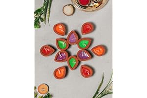 TRENDBELL Set of 12 Diwali Wax Diya Decoration Item Gift Terracotta Colorful Handmade Decorative Clay Diya Wax Lamp Diwali Gift Box Navratri Puja Festival Lighting Indian Oil Lamp
