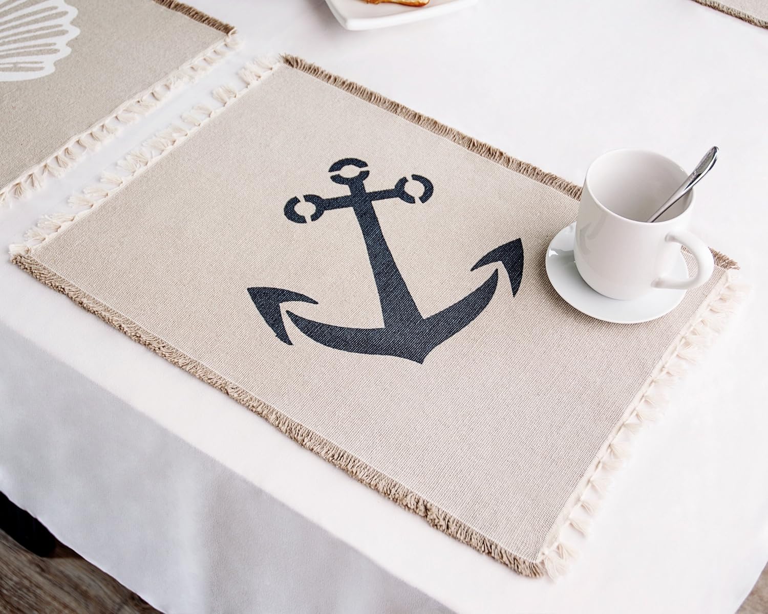 Living Fashions Table Placemats Set of 4 - Beach Themed Nautical Kitchen Placemats for Dining Table - 100% Washable Cotton Place Mat- Seashell, Sand Dollar, Starfish & Anchor Designs with Fringes: Home & Kitchen
