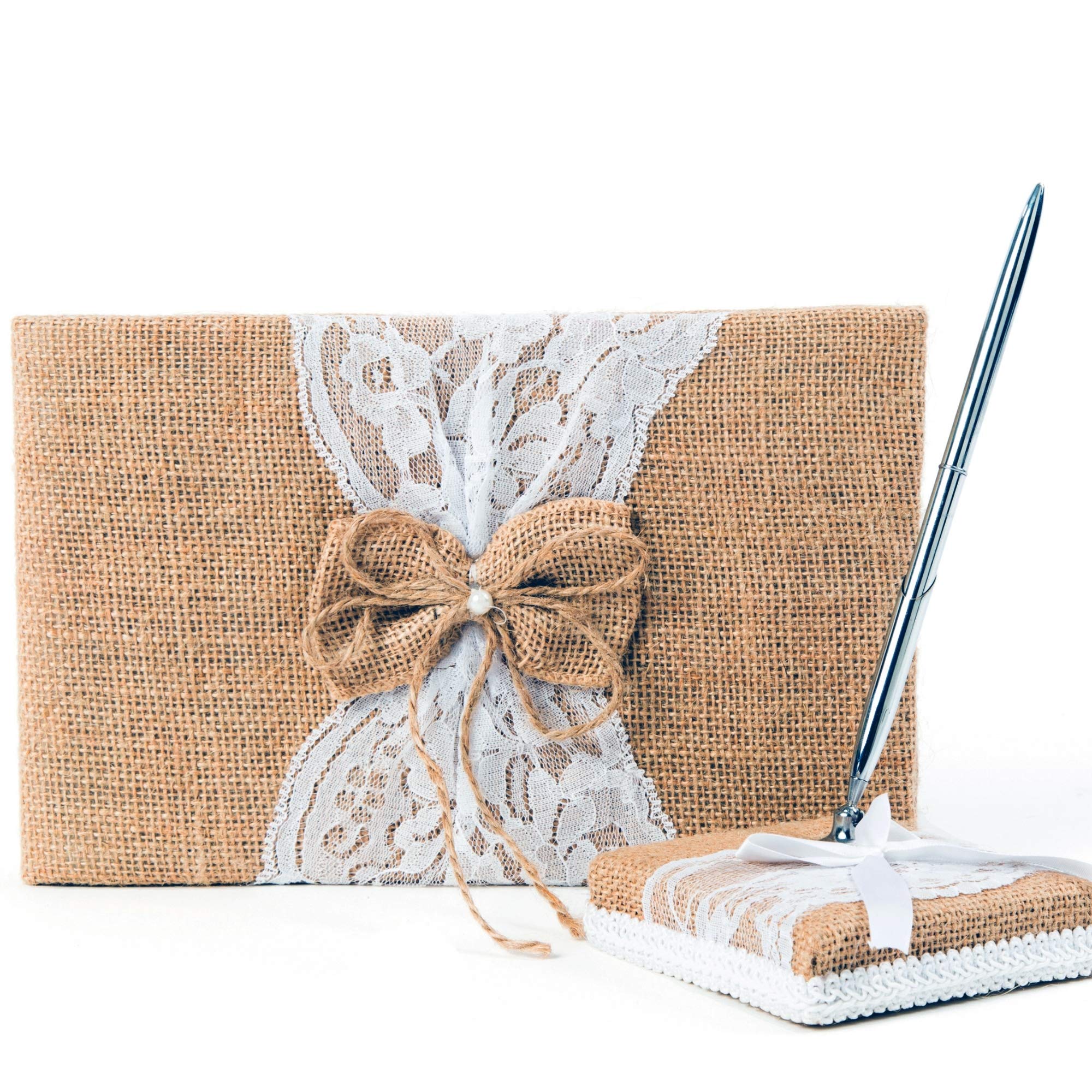BETTERLINE Rustic Wedding Guest Book Made of Burlap and Lace - Includes Matching Pen Holder and Silver Pen - 120 Lined Pages for Guest Thoughts - Comes in Gift Box (Burlap Bow)