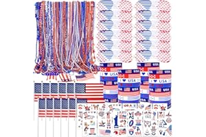RBONIGHT 117Pcs 4th of July Accessories Bulk, Patriotic Party Favors Set for Independence Day Decorations include Necklaces Bracelet Glasses Tattoo Stickers USA Flag Memorial Day Parades