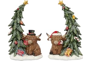 YeehaWhoo Green Christmas Highland Cow Decor Brown Resin Figurine Cow Farmhouse Tiered Tray Outdoor Garden Decor Decorations 