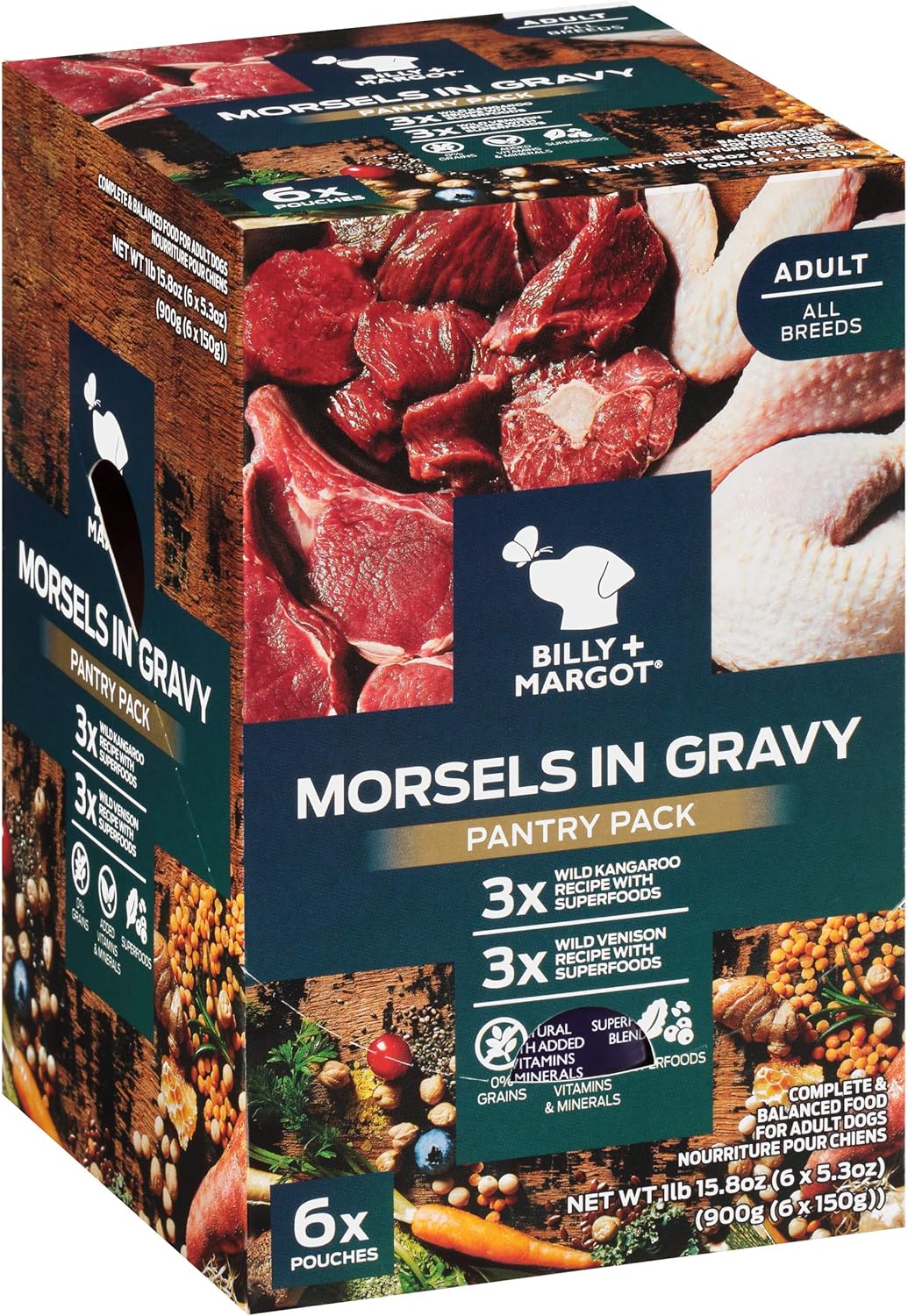 BILLY+MARGOT Morsels in Gravy Multi Pack Kangaroo/Venison with Superfoods Grain Free Wet Dog Food 6 Pack, 31.8 Ounces (153207)