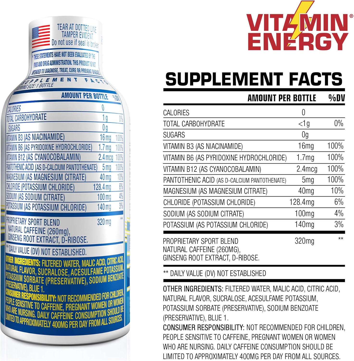 (48 Pack) VitaminEnergy™ Sport+ Energy Shots, Lasts up to 7+ Hours, Blue Raspberry Energy Drink With Electrolytes, Vitamin Supplements, Natural Caffeine, and Energy Boosting Keto Drink, 1.93 fl oz Ea.: Health & Personal Care