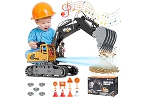 MLcnleS Remote Control Excavator Toys for Boys - 1/18 Big RC Construction Vehicles Excavator with Rechargeable Battery Sounds & Lights for Kids Age 3-12 Years Old, Best Birthday Idea