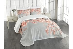 Ambesonne Peach Bedspread, Japanese Scenery Sakura Tree Cherry Blossom Nature Lover Photography Coming of Spring, Decorative Quilted 3 Piece Coverlet Set with 2 Pillow Shams, King Size, Burgundy Teal