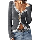 RoseSeek Women's Lace Button Down T Shirts V Neck Washed Textured Long Sleeve Fitted Top Fall 2025 Trendy Tops