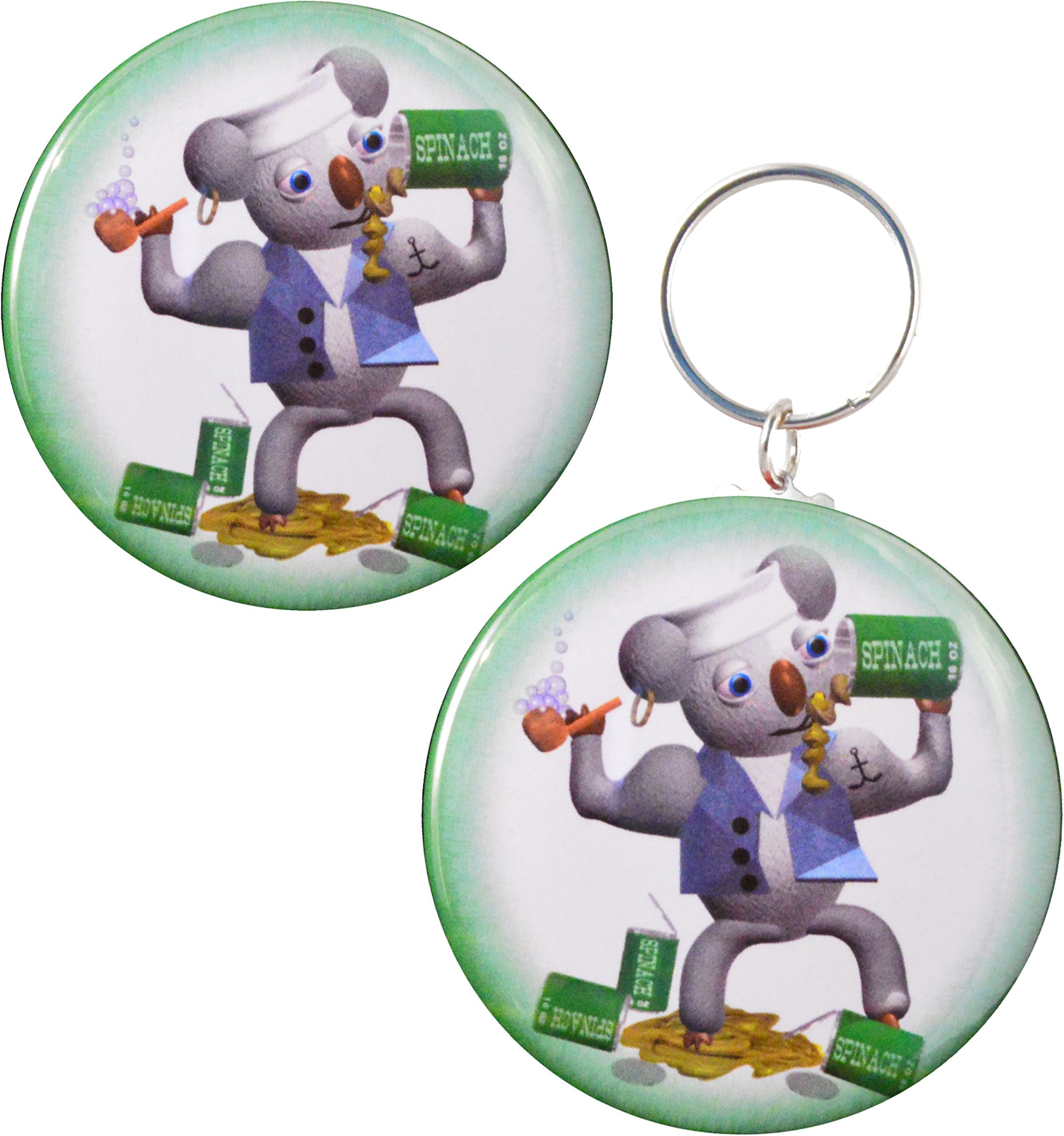 Funny Popeye Spinach Eating Koala Keychain/Ornament + Magnet + Pin-Back Button