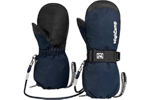HIGHCAMP Kids Waterproof Snow Ski Gloves w/Zipper & String on Long Cuff Cold Weather Mitten for Toddler & Youth Boys Girls