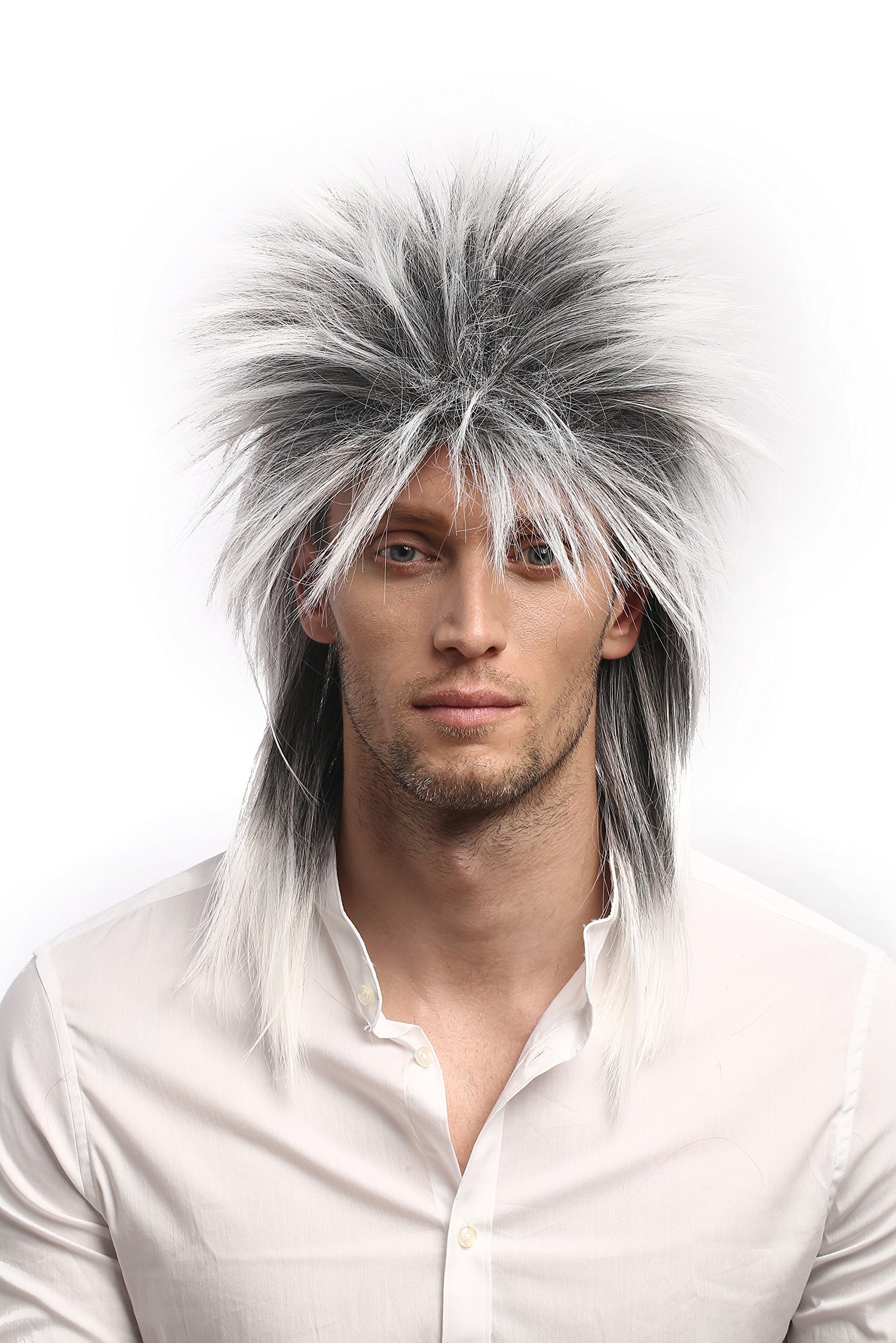 WIG ME UP - 90891-ZA60TZA1 Men & Ladies Party Wig Halloween 80s Punk Wave Pop Star Black & Grey backcombed spiky mullet