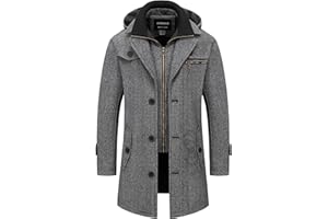 Chrisuno Men's Classic Long Pea Coat Warm Wool Blend Winter Trench Coat Single Breasted Overcoat with Detachable Collar