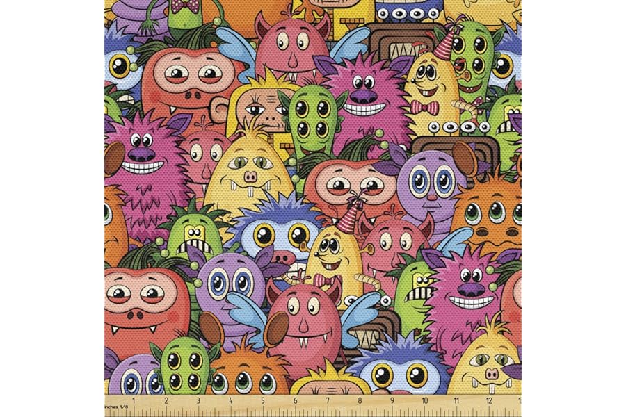 Ambesonne Alien Fabric by The Yard, Carnival of Beasts Cartoon Monsters with Different Art Styles Out of This World Theme, Decorative Fabric for Upholstery and Home Accents, 1 Yard, Pink Green