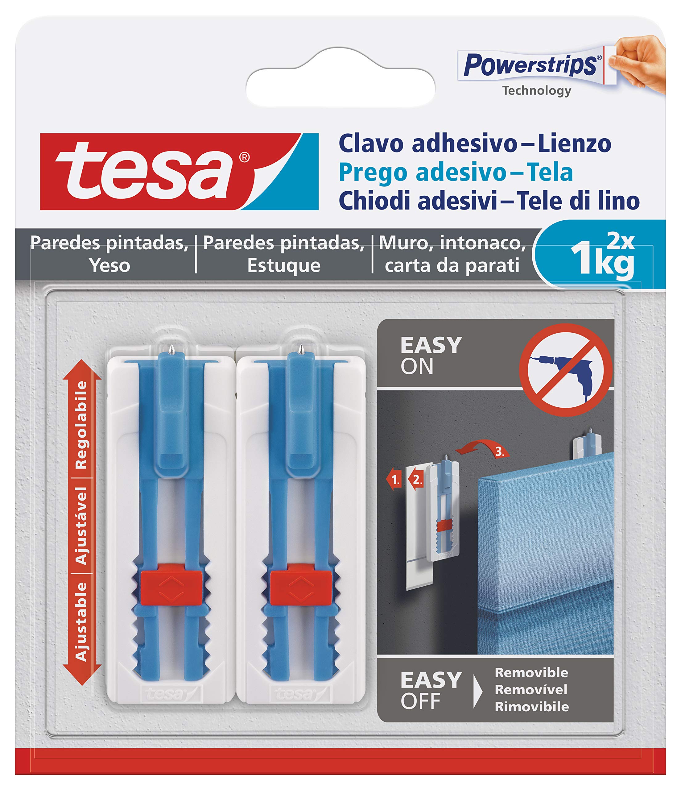 tesa Adhesive Nail for Canvas, Wallpaper and Plaster, Height Adjustable, Self-Adhesive Nail, Canvas and Frame Frames, Adhesive Strength 1 kg per Nail, Can be Removed Without Leaving a Trace