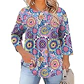 TFSDOD Womens Plus Size Tops 3/4 Length Sleeve Womens Tops Crewneck Pleated Boho Tunic Casual Shirts XL-5X