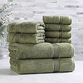 Superior Egyptian Cotton 8-Piece Towel Set, Assorted Towels, Home Bathroom, Master, Guest Bath, Decor Essentials, Includes 2 Bath, 2 Hand, 4 Face Towels/Washcloths, Quick Dry, Absorbent, Forest Green