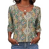 Rapbin 3/4 Length Sleeve Tops Crew Neck Casual Basic Pleated Blouses 2026 Trendy