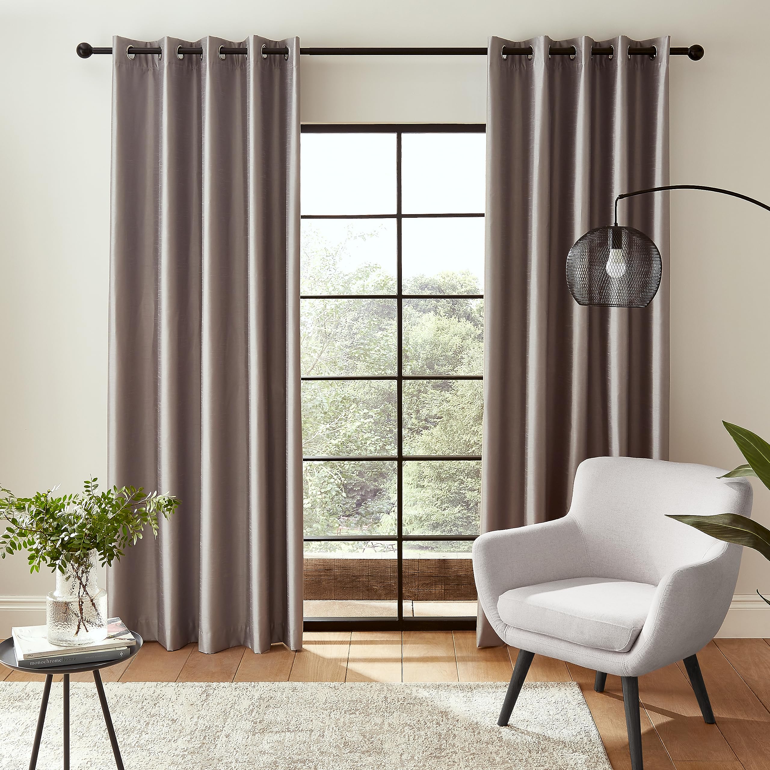 Catherine Lansfield Downstairs Faux Silk 66x90 Inch Blackout Thermal Insulating Eyelet Curtains Two Panels Silver Grey