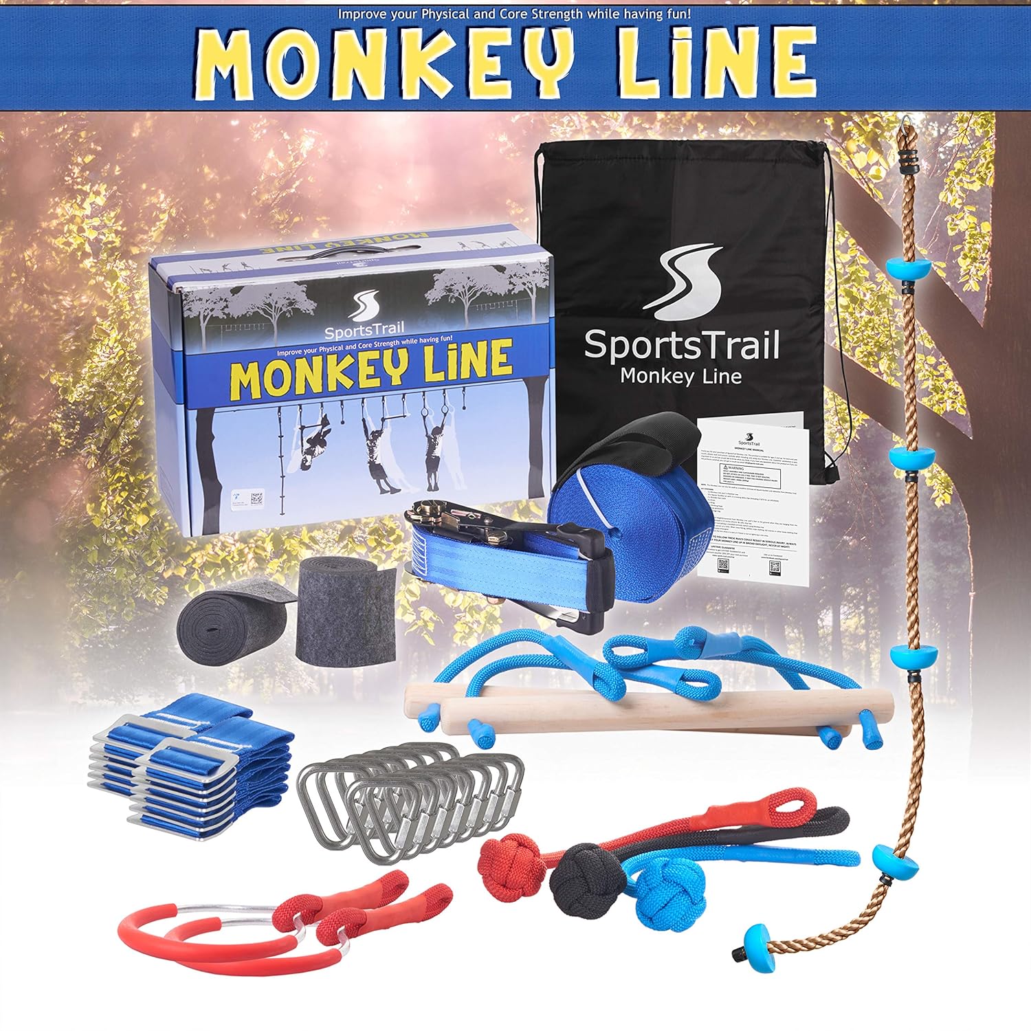 Ninja Slackline Monkey Bars Kit, 42' Jungle Gym Obstacle Course for Kids and Adults + Climbing Rope, Warrior Training Obstacle Course Equipment, Slackline Gymnastic Bar, Tree Protector & Carry Bag : Sports & Outdoors
