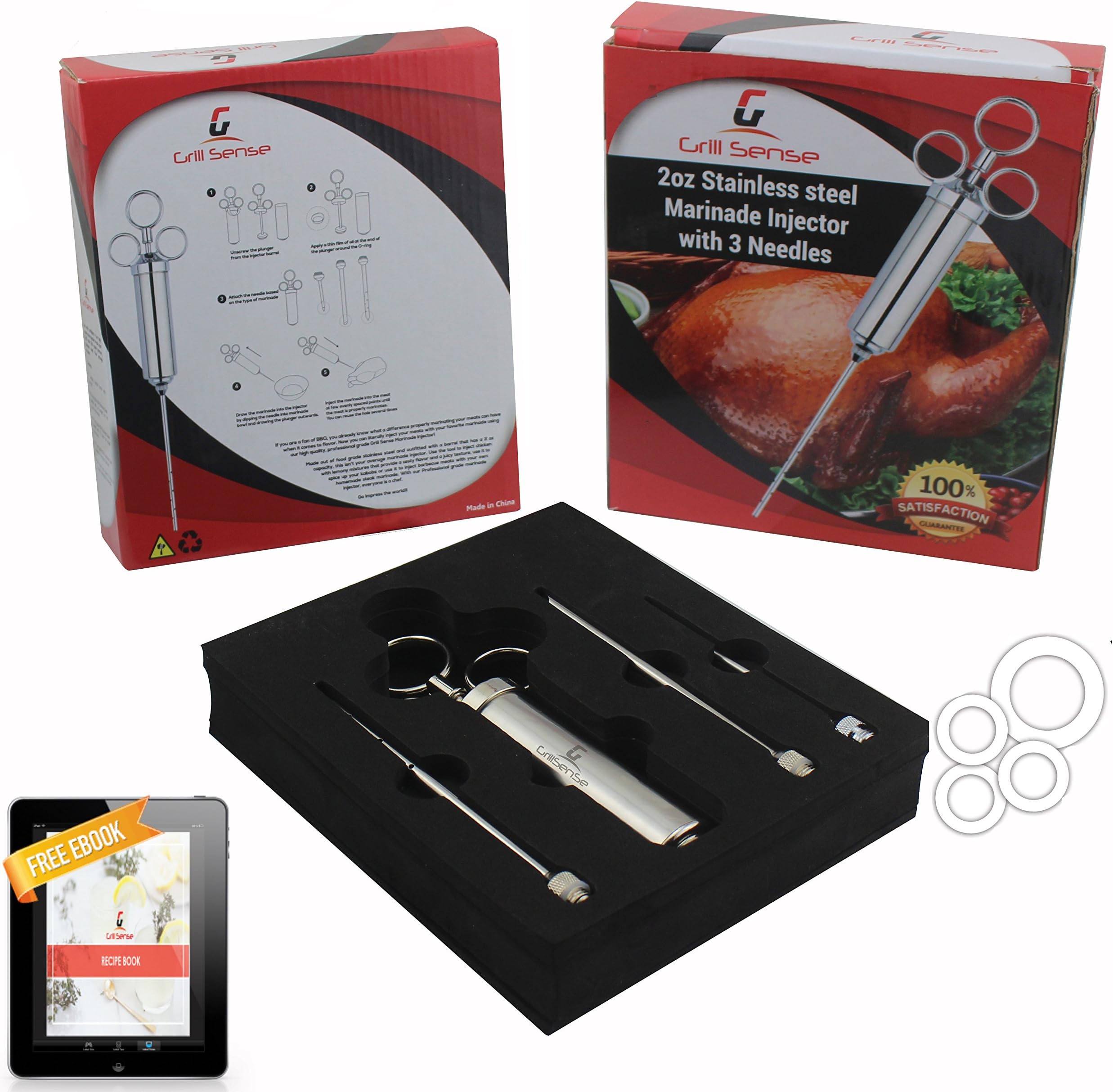 Grill Sense 304 Stainless Steel Meat Injector Kit with 2-oz Large Capacity Barrel and 3 Professional Marinade Needles