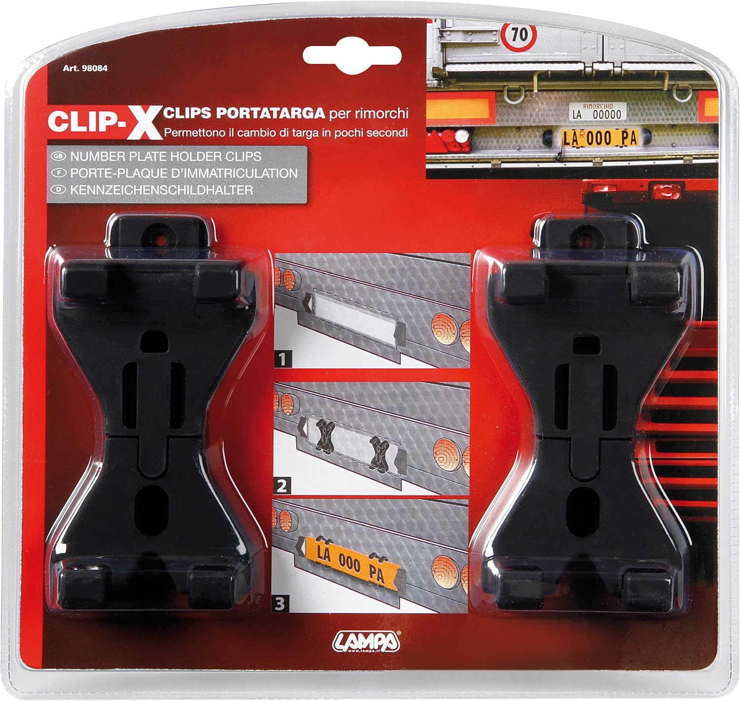 Clips portatarga per rimorchi Permettono il cambio di targa in pochi secondi.