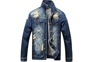 BULUWIE Jean Jacket Men, Men's Denim Jacket Distressed Ripped Slim Fit Stretch Trucker Jackets Classic Casual Denim Coat