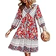 BTFBM Women Casual Spring Summer Dresses V Neck 3/4 Long Sleeve Ruffle Floral Flowy Boho Babydoll Mini Short Beach Dress