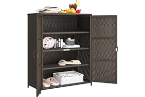 Outsunny Wicker Outdoor Storage Cabinet with Shelves, 4-Shelf Pool Storage Organizer with Two Doors, Poly Rattan Outdoor Towe