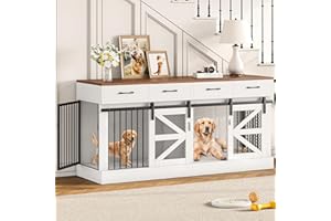OtterOasis Extra Large Dog Crate Furniture for 2 Dogs, 71'' Dog Kennel Indoor with Removable Divider and 4 Storage Drawers, Sturdy Wooden Dog Crate TV Stand with 4 Doors for Large Medium Small Dogs