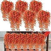 Janinka 6 Pcs Thanksgivng Fall Artificial Hanging Flowers for Outdoor, Autumn Silk Morning Glory Faux Flowers with Eucalyptus Leaves, Realistic Hanging Plants for Home Garden Decor(Orange)