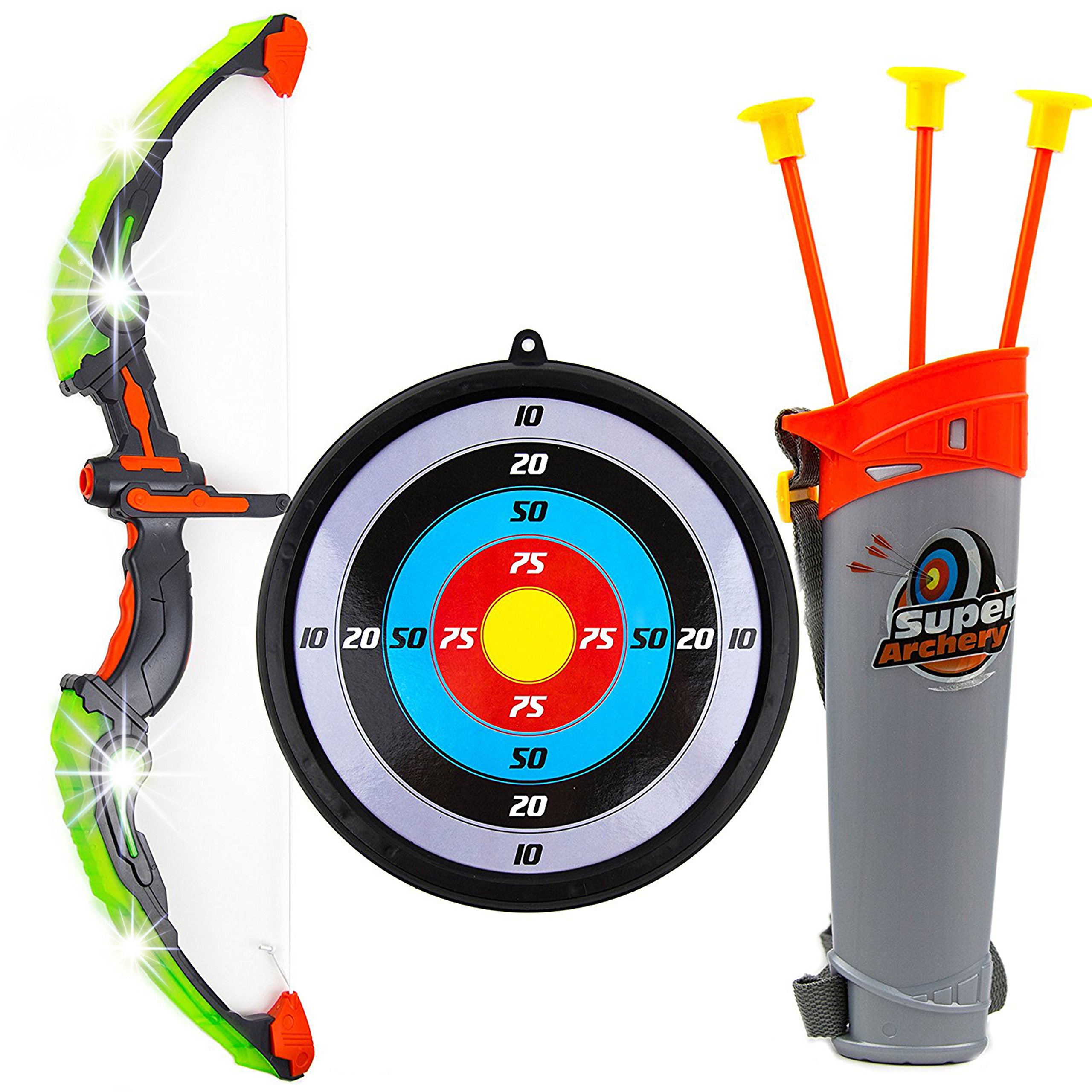 Toysery Kids Toy Bow & Arrow Archery Set Arrow Holder Target - LED Light Up Function - Hunting Series Toy Boys Girls,
