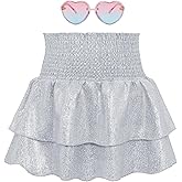 American Trends Girls Sequin Sparkly Skirts Girls Metallic Skirt 2-Layer Ruffle Skirts with Sunglasses Cheerleaders Skirt