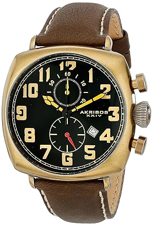 Akribos XXIV Mens AK786YG Chronograph Quartz Movement Watch with Black Dial and Brown with Cream Stitching Leather Strap