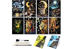 AP ARTSPER 8 Sheet Glow in The Dark Scratch Art Rainbow Painting Paper | Engraving Craft Scratchboard(A5) for Kids Teens & Adults, Sketch Card Creative Toy DIY Projects (Animal/Castles)