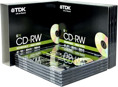 TDK T18791 CD-RW 10 Pack 700MB 80min 4X-12X Speed Slim Jewel Case