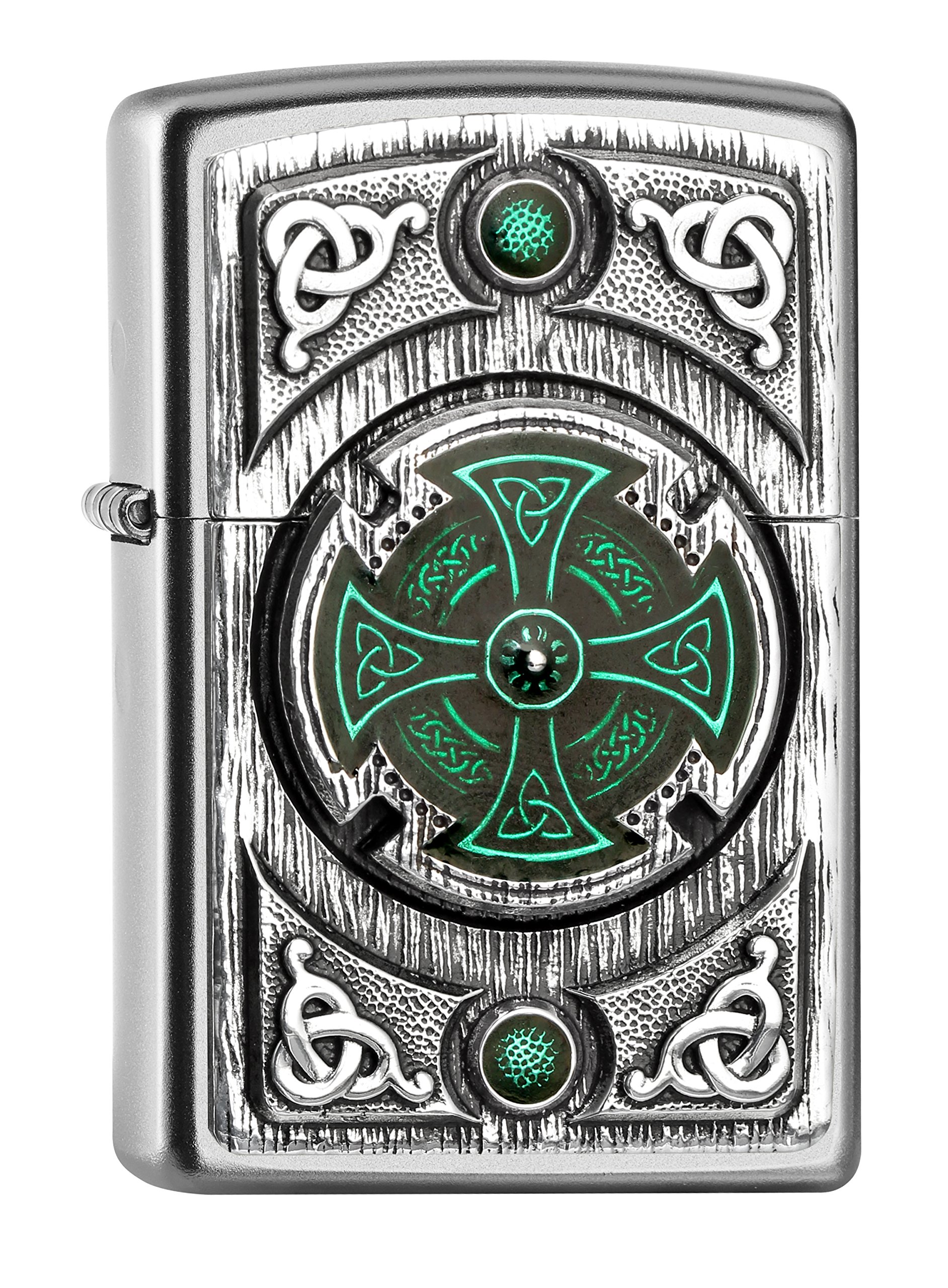 Zippo - Windproof Lighter, Celtic Green Cross, Street Chrome, Emblem, Refillable, Reusable, Windproof Design, Gift Box, Made in the USA