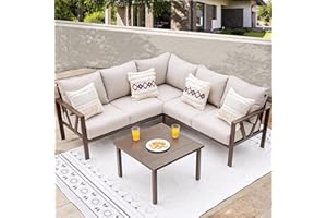 COMLAX FIELD Patio Furniture Set, 6 Pieces Outdoor Couch Sectional, L Shaped Patio Sofa, Metal Patio Couch Sectional with Side Table, Outdoor Seating Conversation Set, Beige