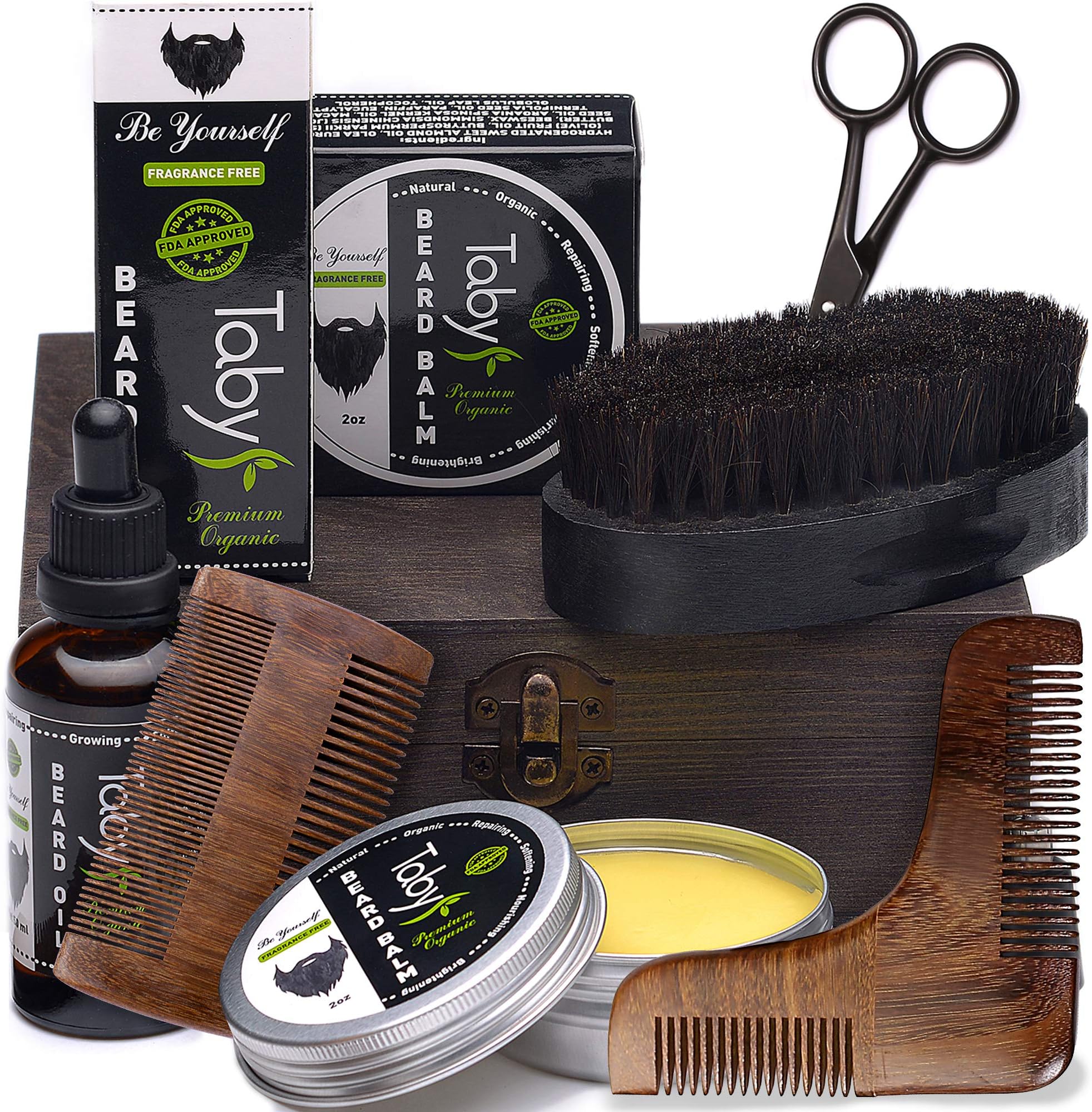 Beard Kit Grooming Care for Men Includes - Beard Oil Beard Balm Horsehair Brush 2 Wooden Combs Beard & Mustache Scissors Gift Set for Men
