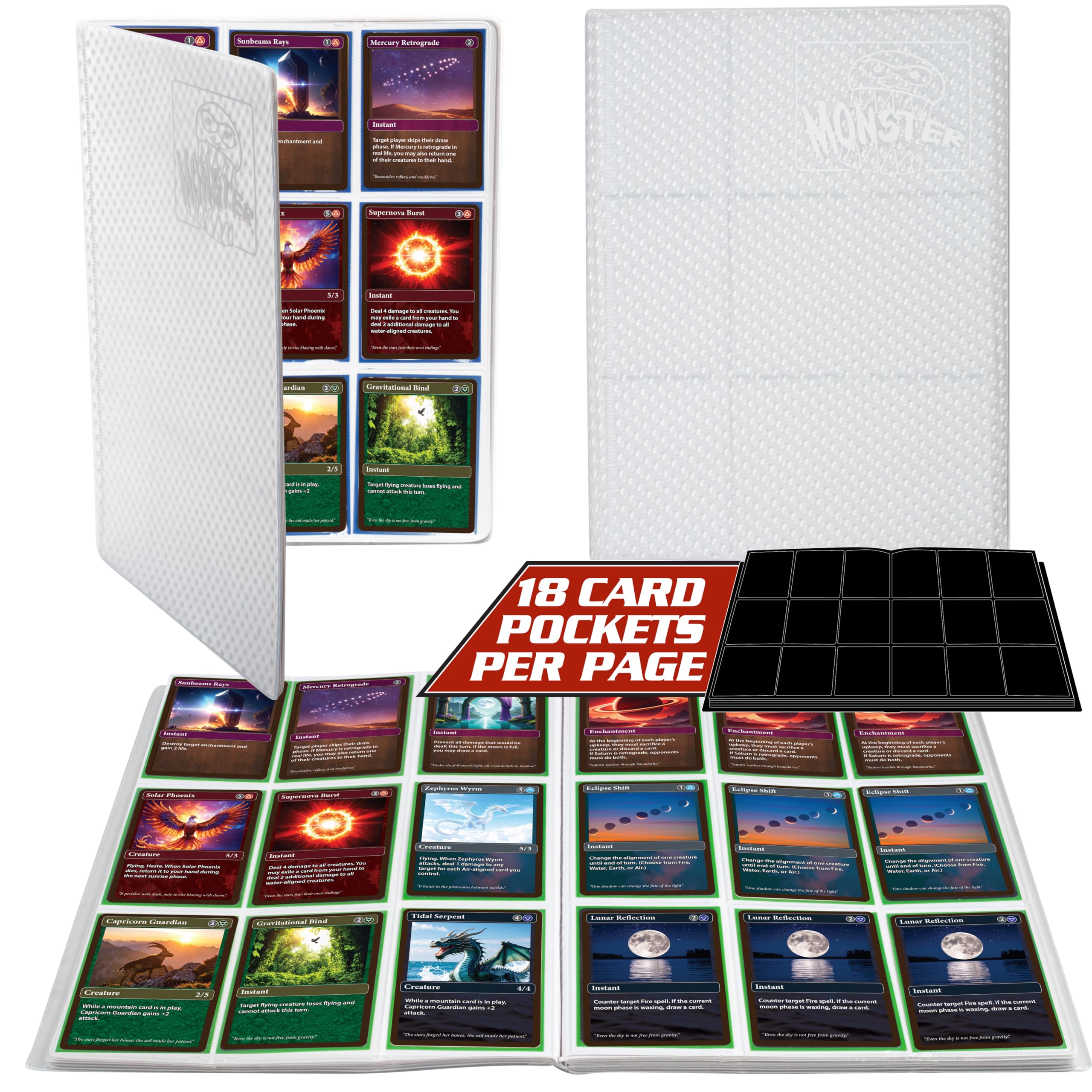 Monster 9 Pocket Trading Card Binder - Holofoil White w White Pages Album, Anti-Theft TCG Protection w Side Loading Padded Pockets, Double Sided, Holds 360 Cards, Sport, Gaming, Kpop, Gift