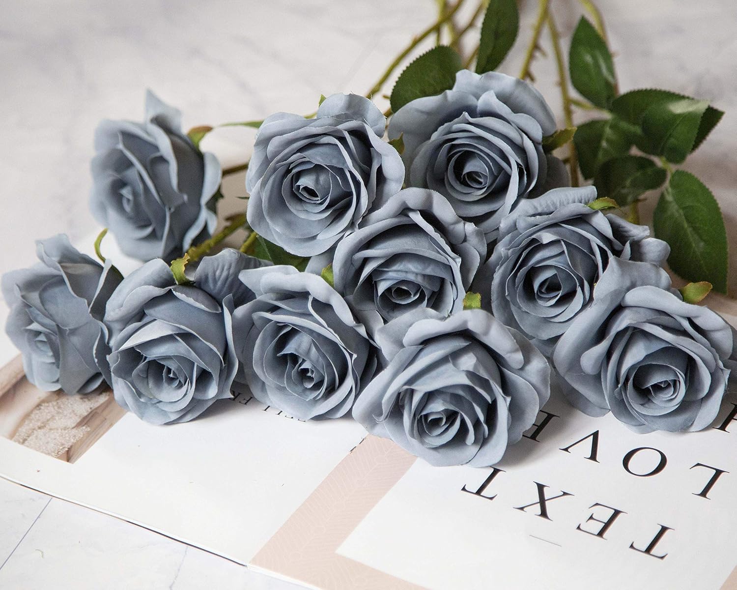 DuHouse 10Pcs Artificial Roses Fake Silk Flowers Realistic Bridal Bouquets with Single Long Plastic Stems for Arrangement Wedding Table Centerpiece Party Home Decor(Dusty Blue) - Image 3