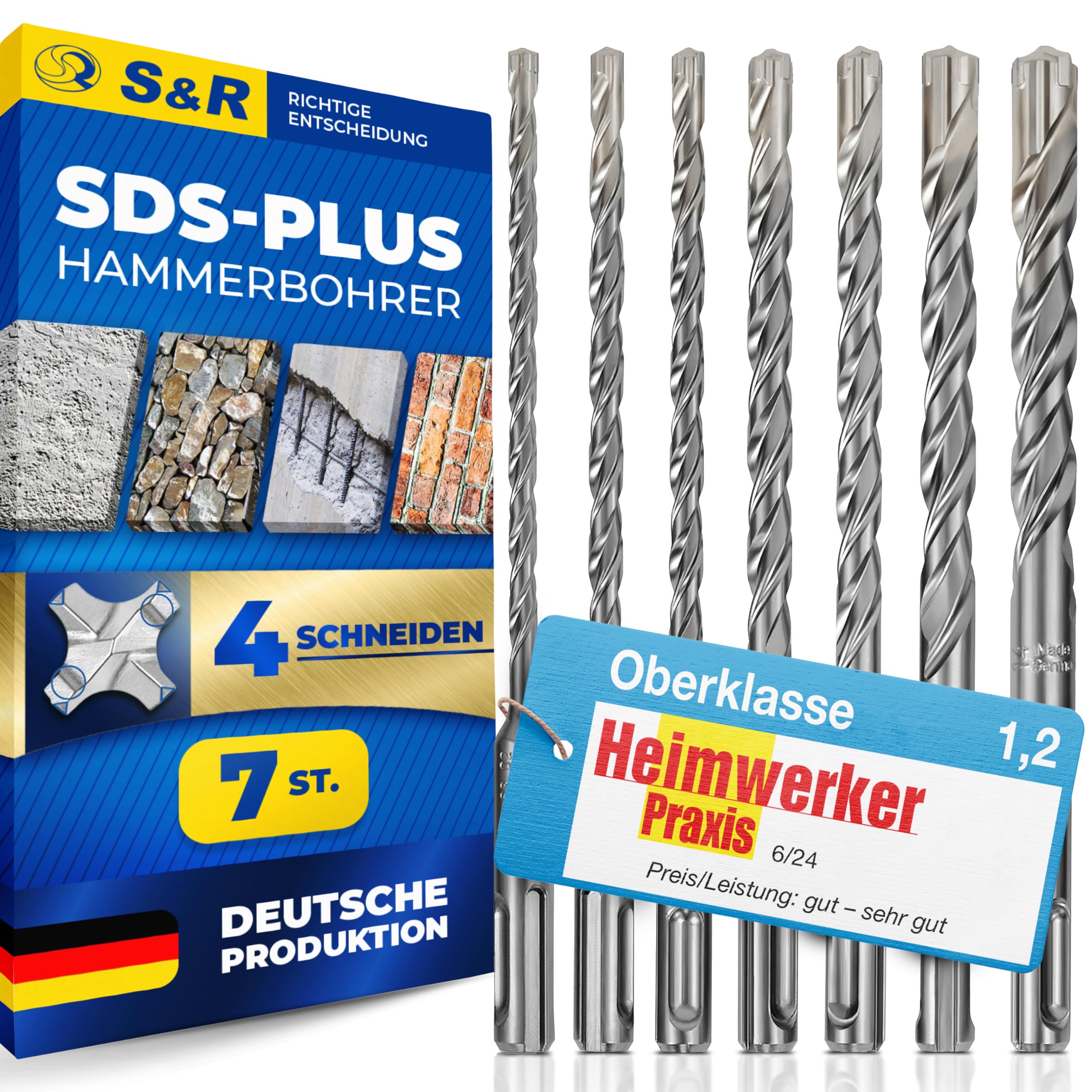 S&R Professional SDS Plus Drill Bit Set 7 pcs – 4-Cutter Carbide for Reinforced Concrete, Masonry, Stone & Granite | Made in Germany | PGM-Certified Z-ECO Spiral Drills in Box