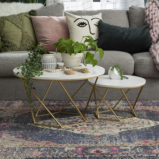Amazon Com New Geometric Nesting Coffee Tables With Faux Marble Finish And Gold Frame Kitchen Dining