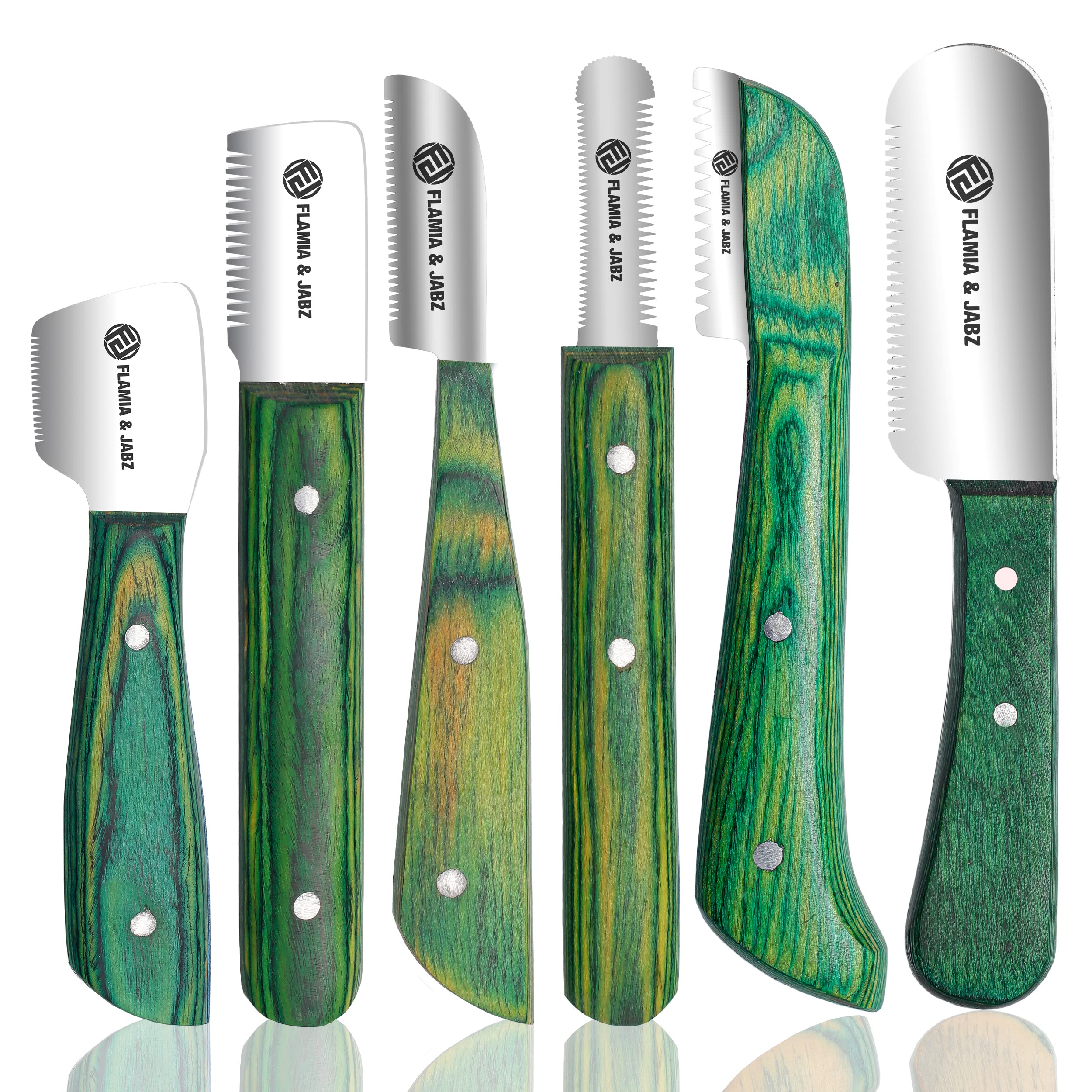 FLAMIA & JABZ Professional Stripping Knife kit (6 Pieces Set) for Dogs & Pets, Wooden Handle Grip with Stainless Steel Comb (Right Handed) (Green)