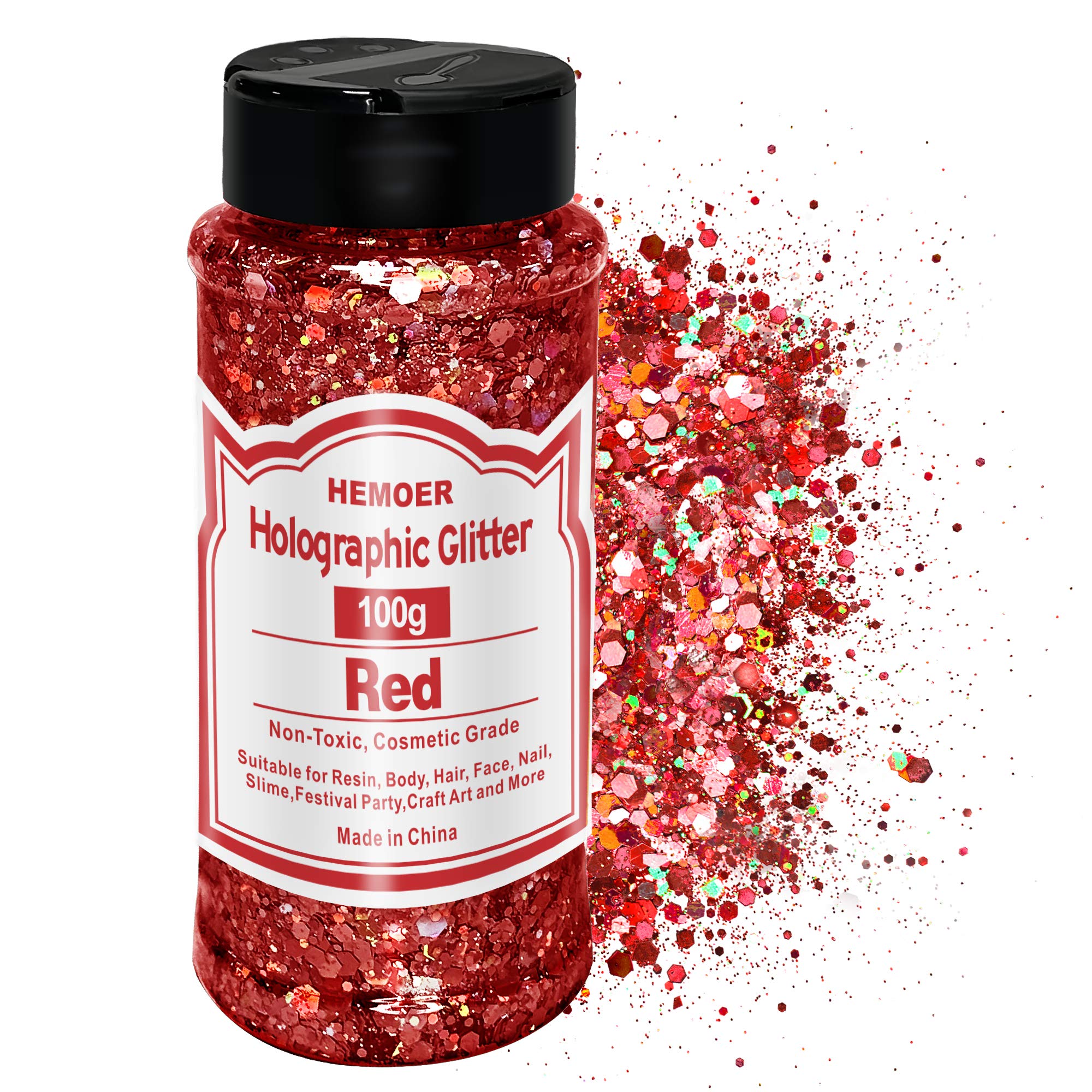 HEMOER Holographic Chunky Glitter, 100g Red Chunky Sequins Glitter, Cosmetic Craft Glitters for Resin, Face, Nail, Body, Crafts, Slime Festival Party Art and More-3.52oz/Bottle