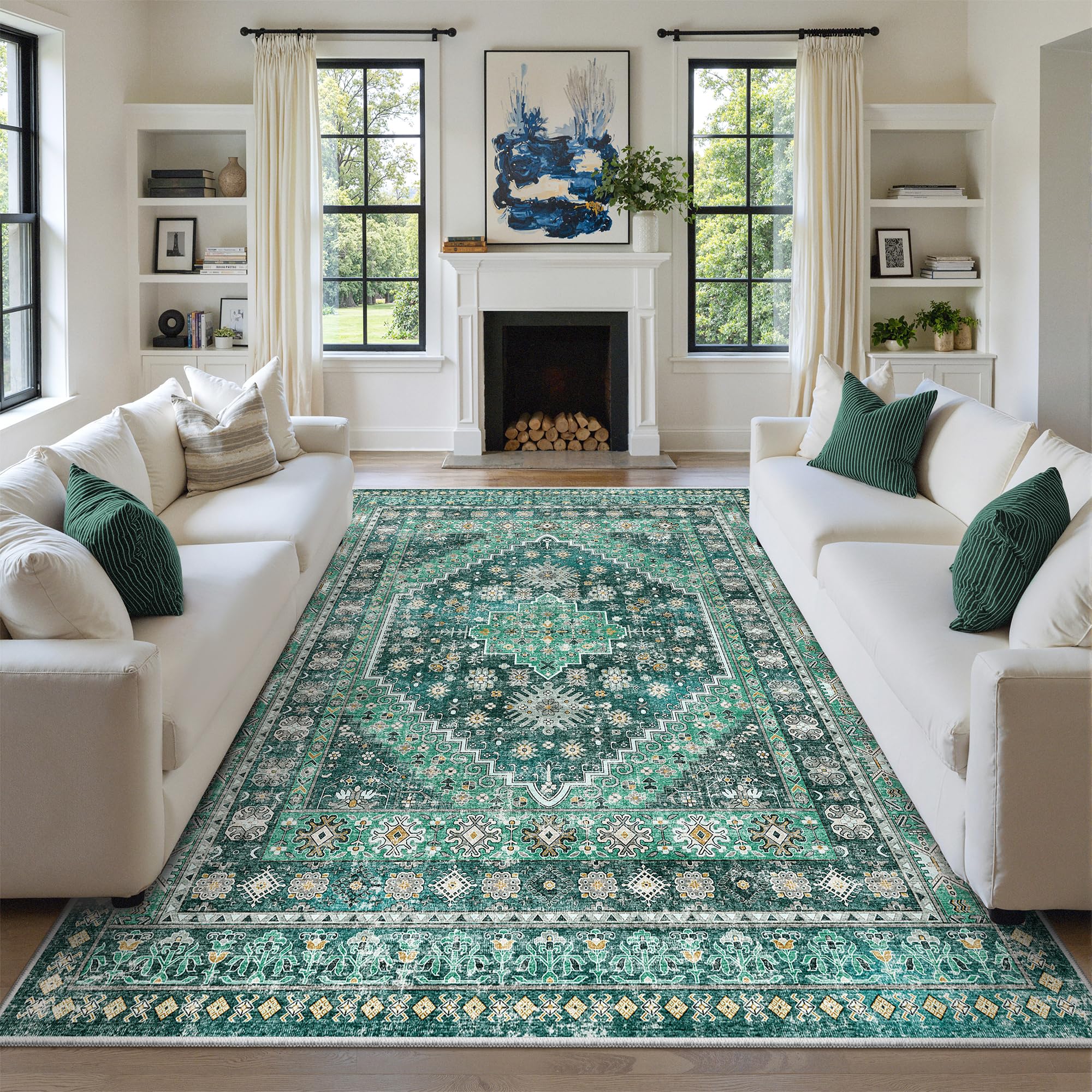 zesthome 8x10 Area Rugs for Living Room,Non-Slip Backing Washable Rugs,Vintage Large Area Rug，Stain Resistant Home Decor Rug(Green/Teal,8'x10') Image